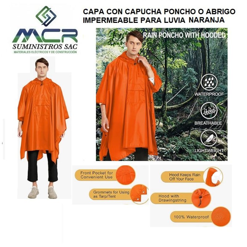 GENERICO - CAPA CON CAPUCHA O PONCHO PVC IMPERMEABLE PARA LLUVIA  NARANJA CON BOLSILLO