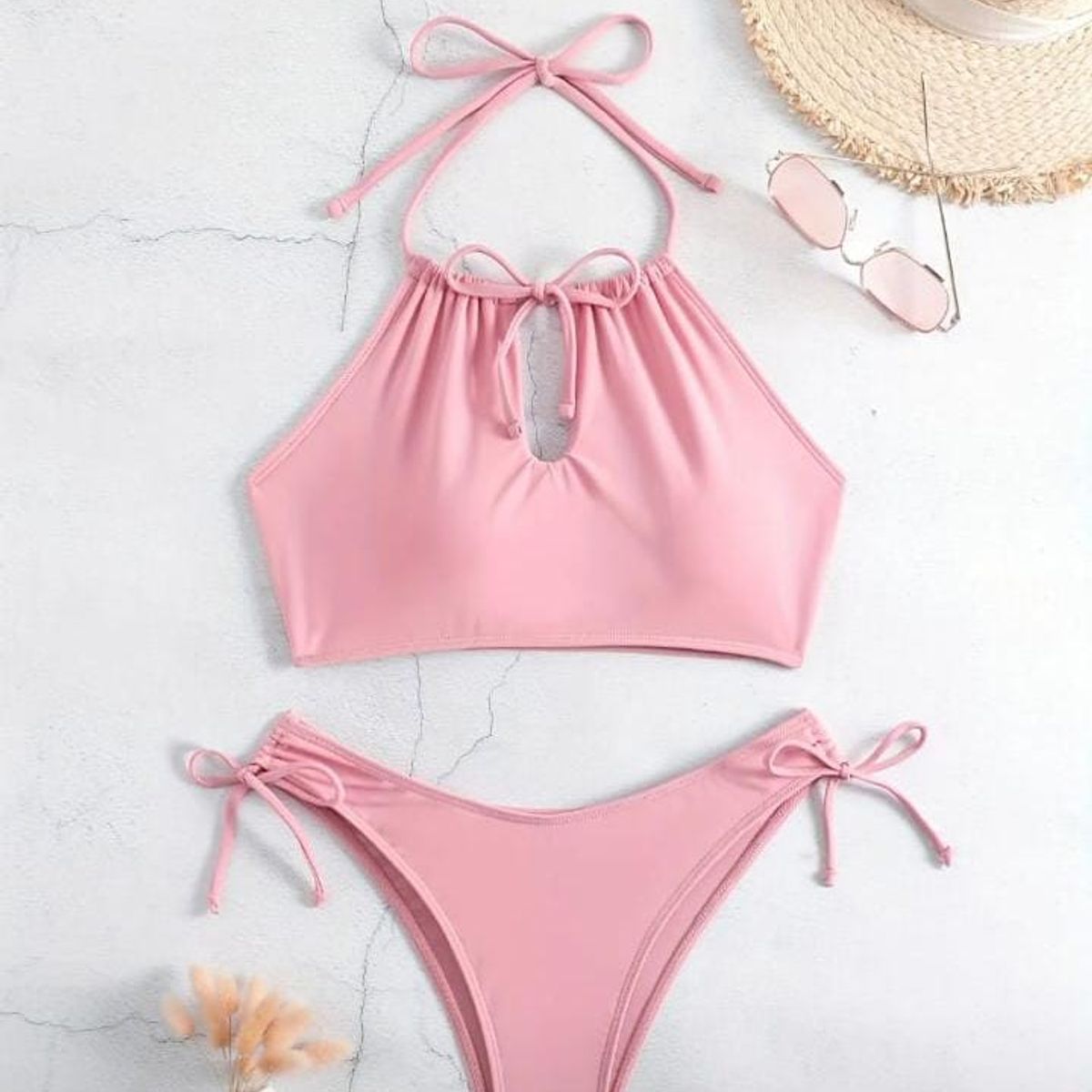 GENERICO - Bikini con tirantes y cordones en triángulo rosa