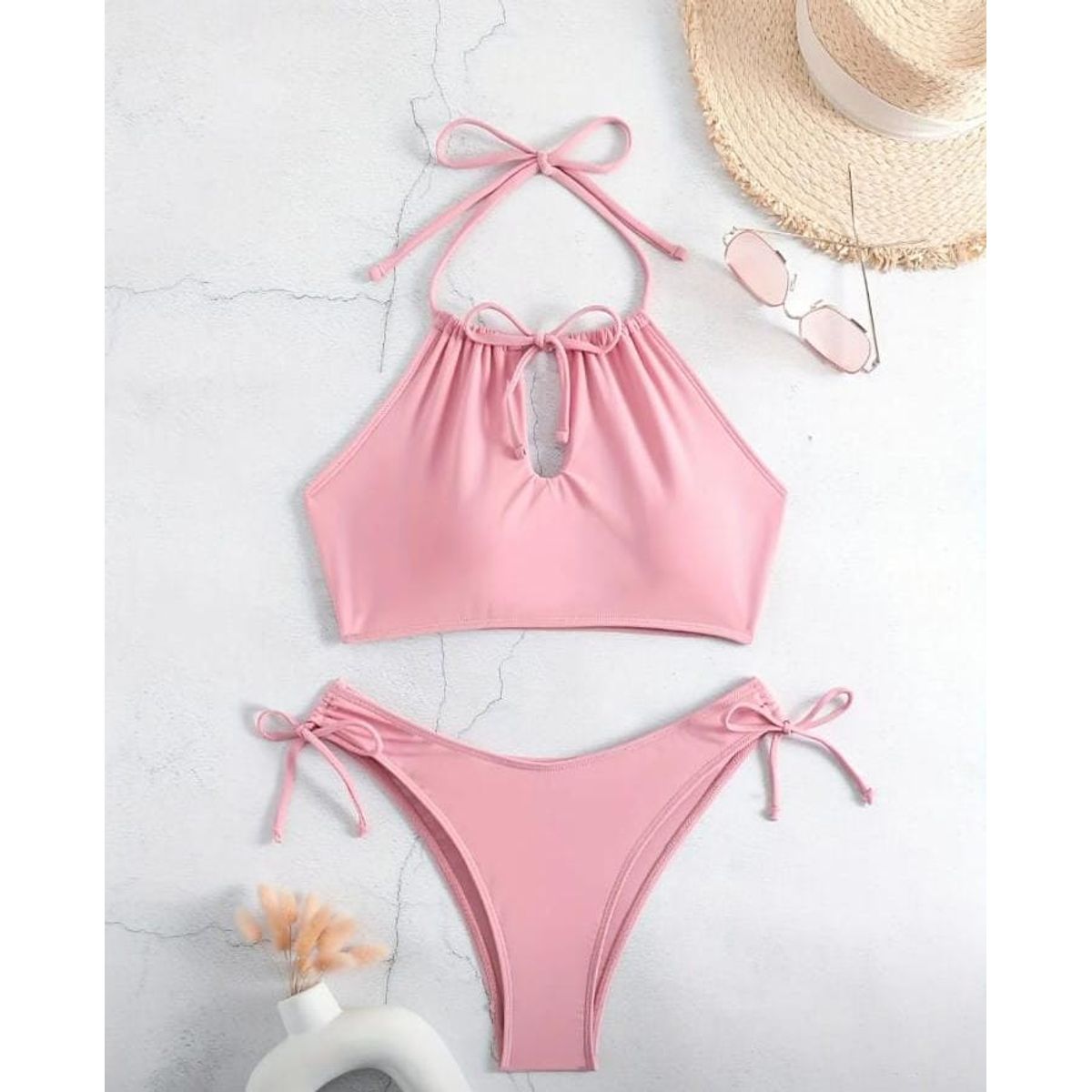 GENERICO - Bikini con tirantes y cordones en triángulo rosa