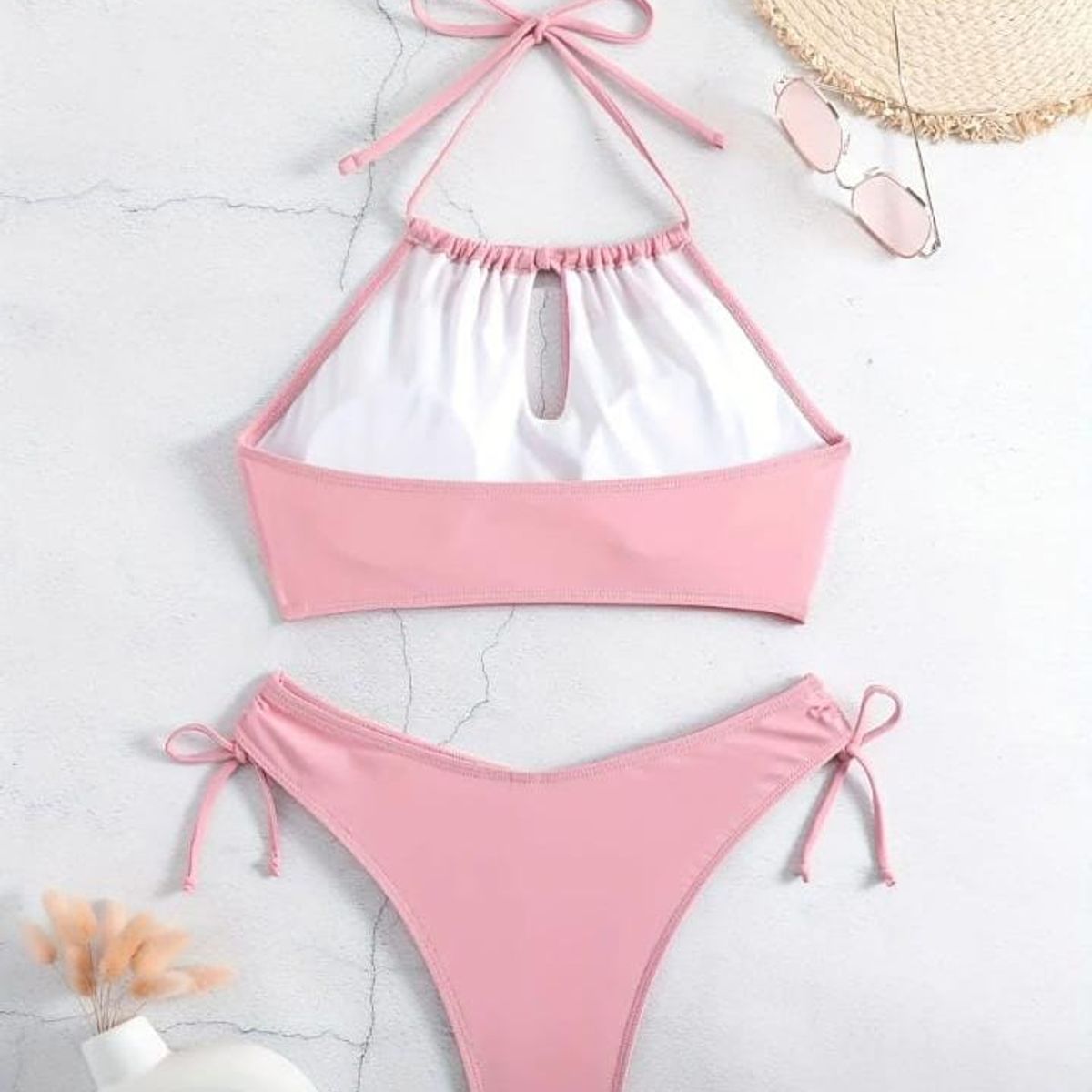 GENERICO - Bikini con tirantes y cordones en triángulo rosa