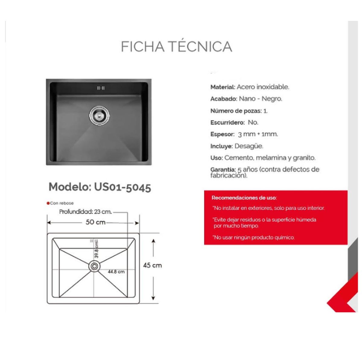 XM - Lavadero de cocina 1 Poza Acero Negro US01-5045