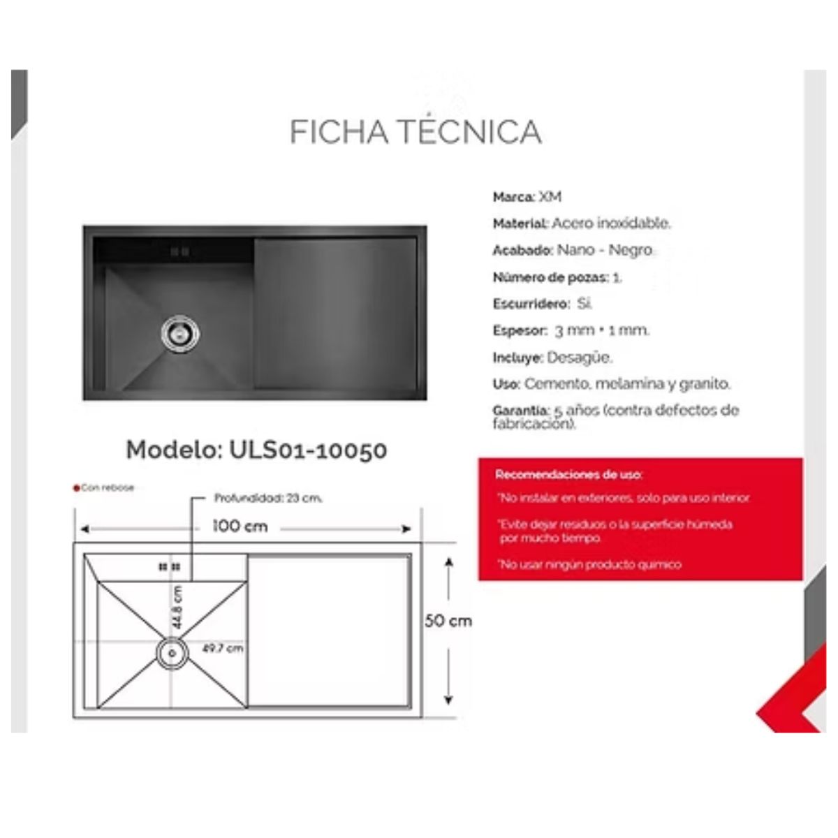 XM - Lavadero de cocina 1 Poza Acero Negro ULS01-10050