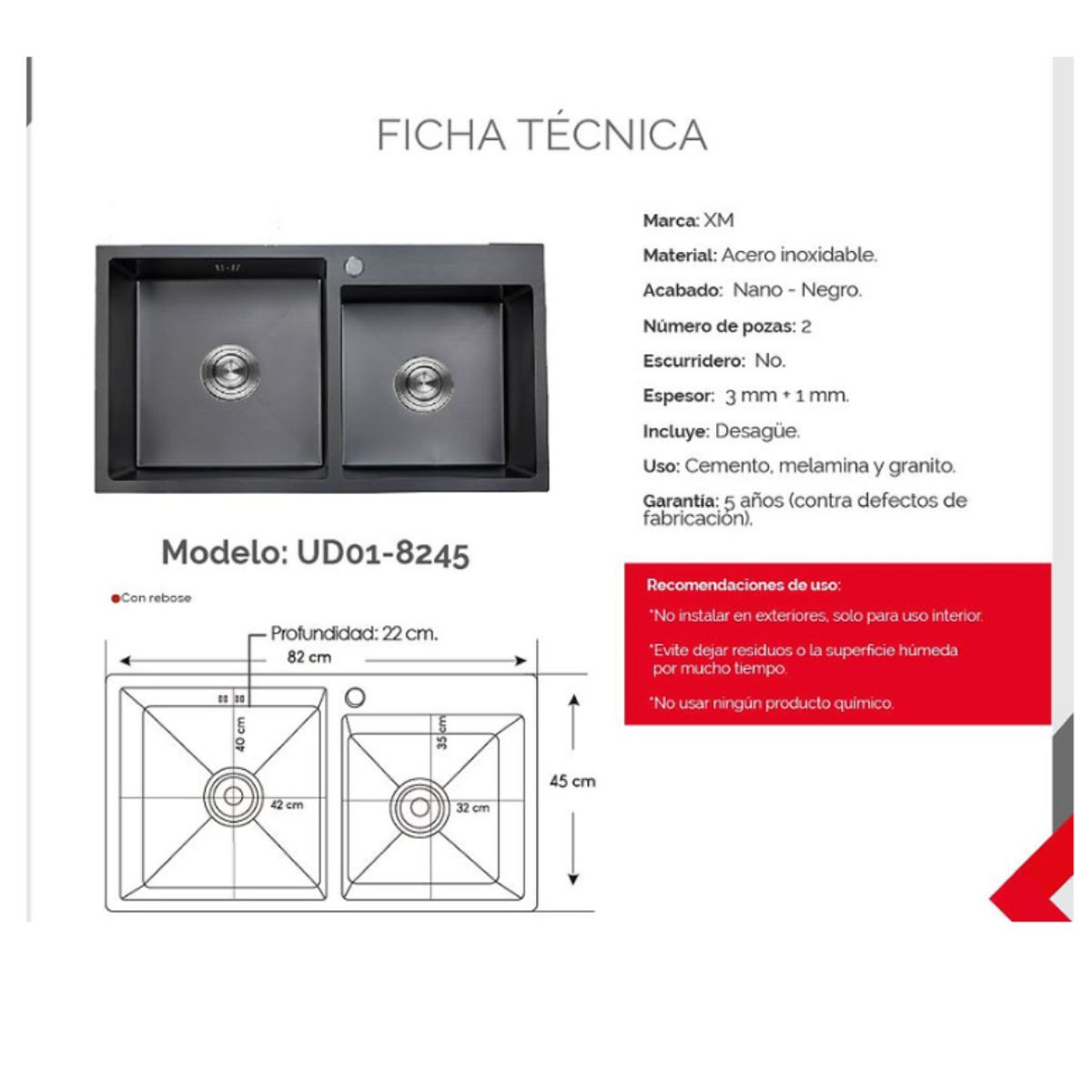 XM - Lavadero de Cocina 2 Pozas Acero Negro UD01-8245