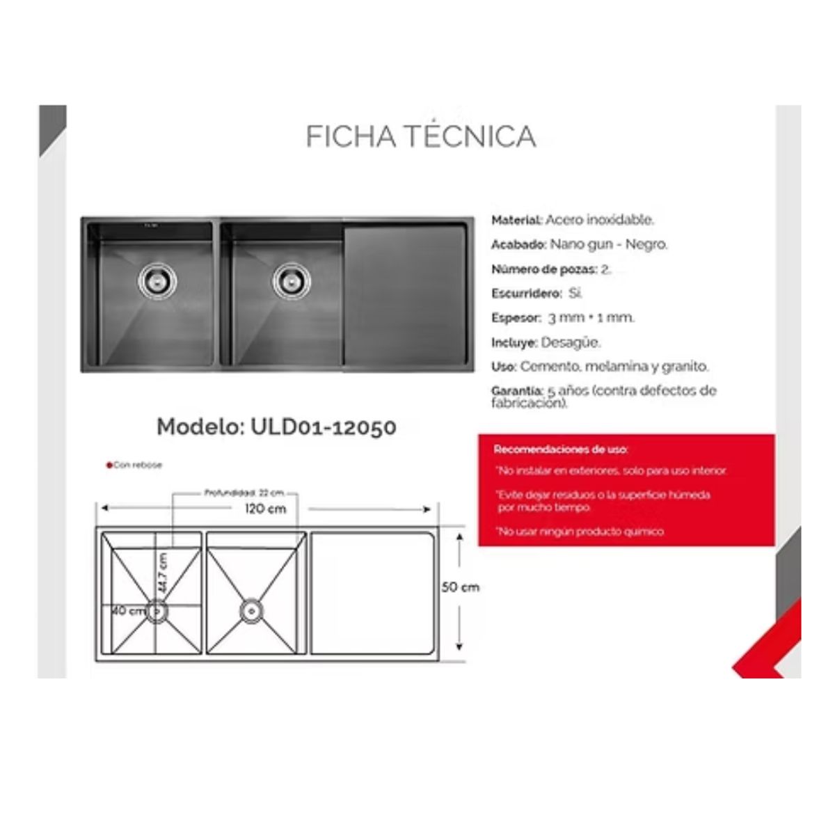 XM - Lavadero de cocina 2 Pozas Acero Negro ULD01-12050