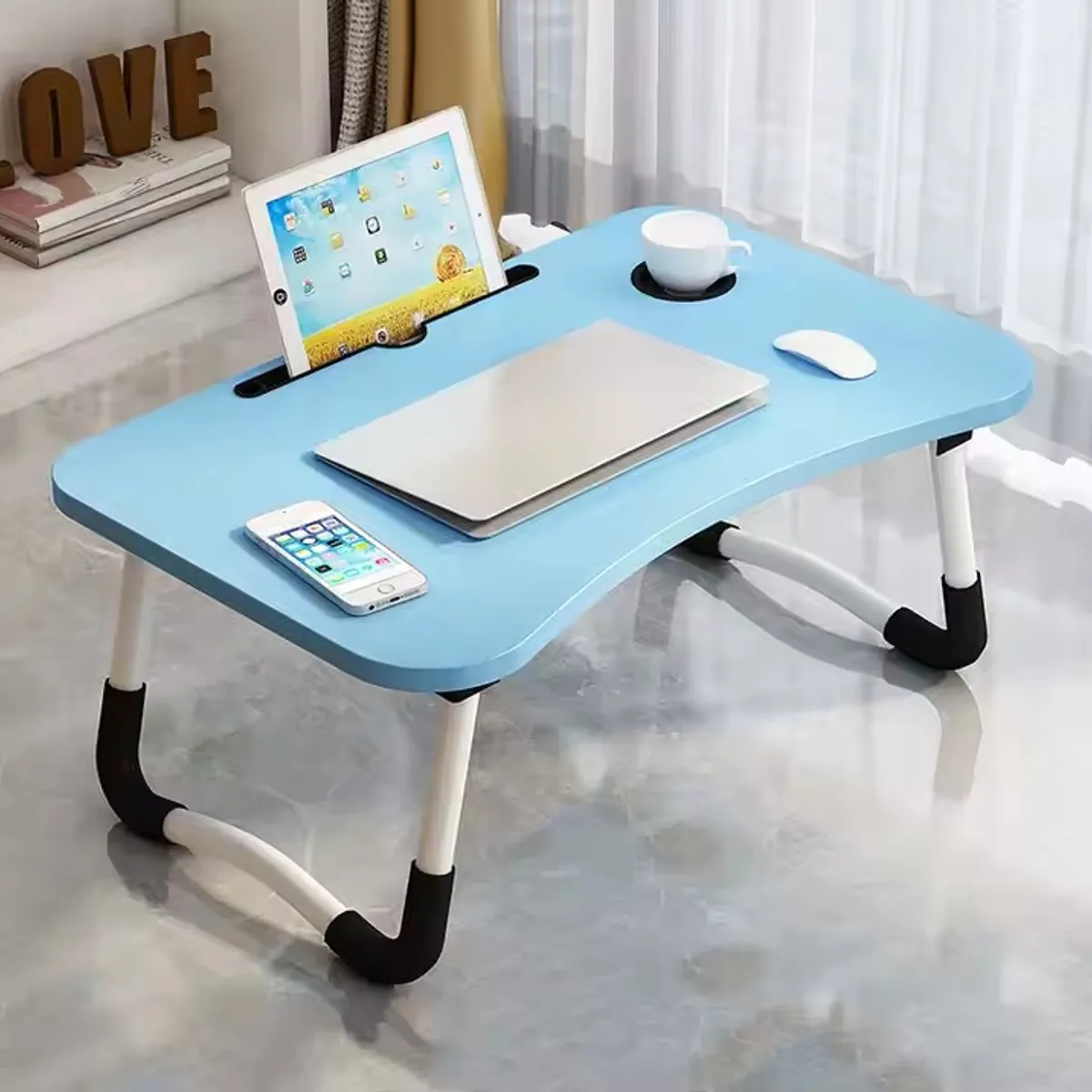 GENERICO - MESA PLEGABLE PARA LAPTOP CON RANURA Y POSAVASOS - CELESTE