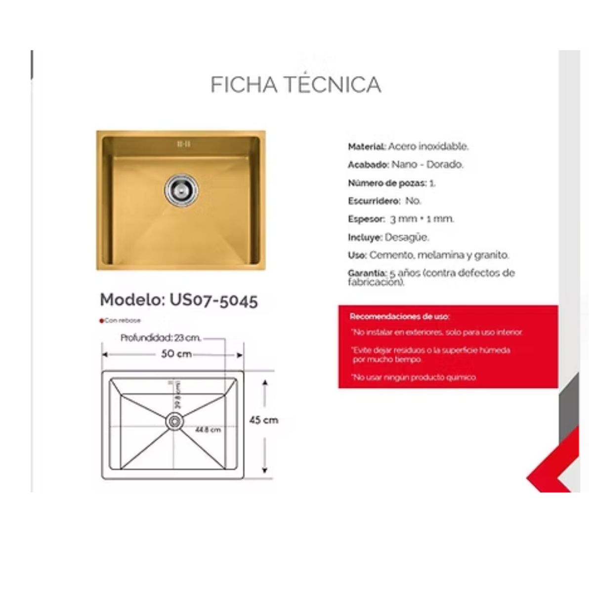 XM - Lavadero de cocina 1 Poza Acero Dorado US07-5045