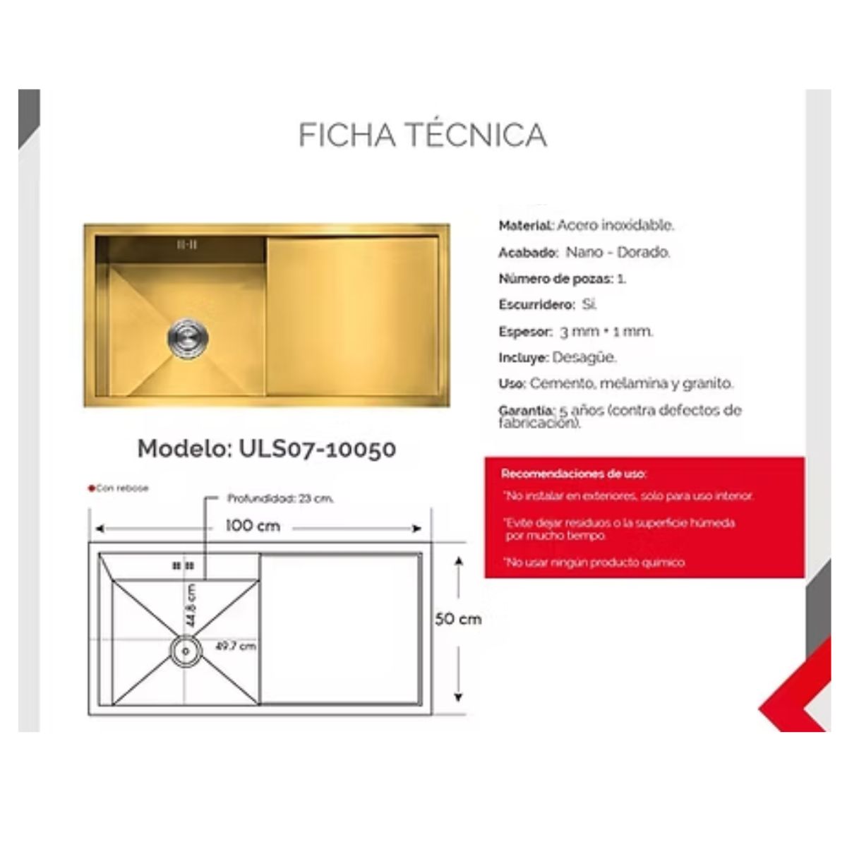 XM - Lavadero de Cocina 1 poza Acero Dorado ULS07-10050