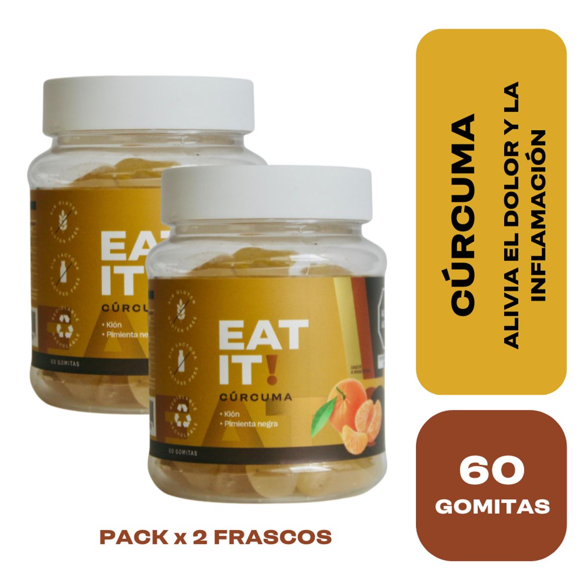 EAT IT SHAKE IT DRINK IT - EAT IT! CÚRCUMA  GOMITAS SABOR A MANDARINA PACK X 2 FRASCOS