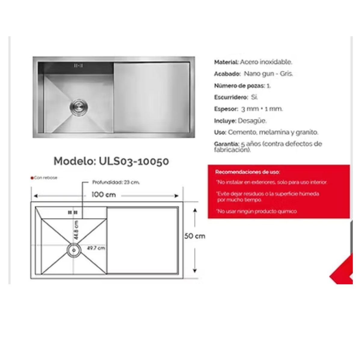 XM - Lavadero de Cocina 1 Poza Acero ULS03-10050