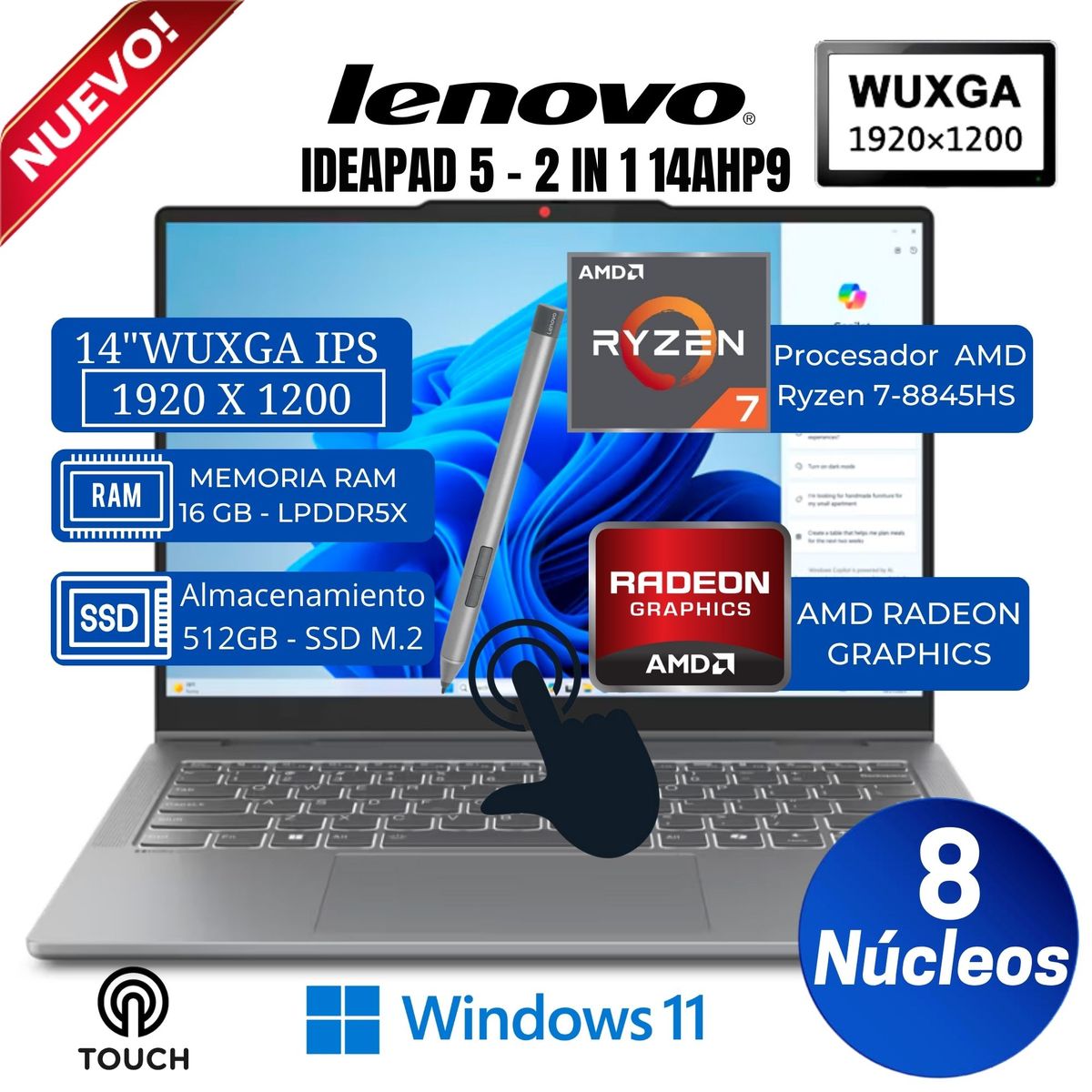 LENOVO - Laptop Lenovo IdeaPad 5 2-in-1 14AHP9 14” WUXGA, Táctil, Ryzen 7-8845HS, Ram16GB, Ssd 512GB, Win 11