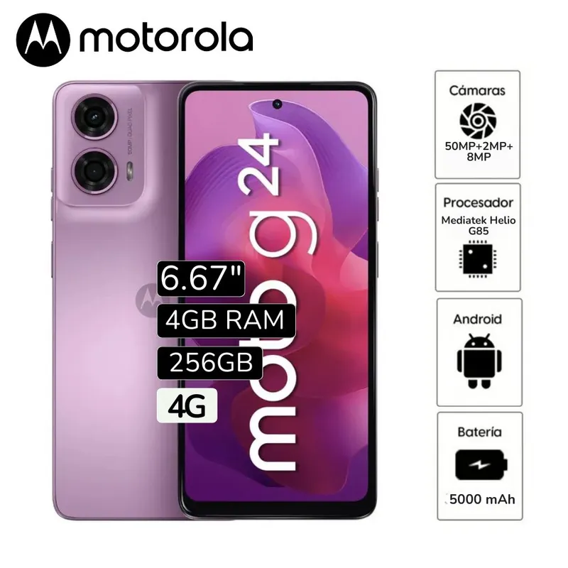 MOTOROLA - Celular Motorola G24 6.6"  Pulg. 4GB RAM 256GB cámara principal 50MP + 2MP frontal 8MP - Lavanda