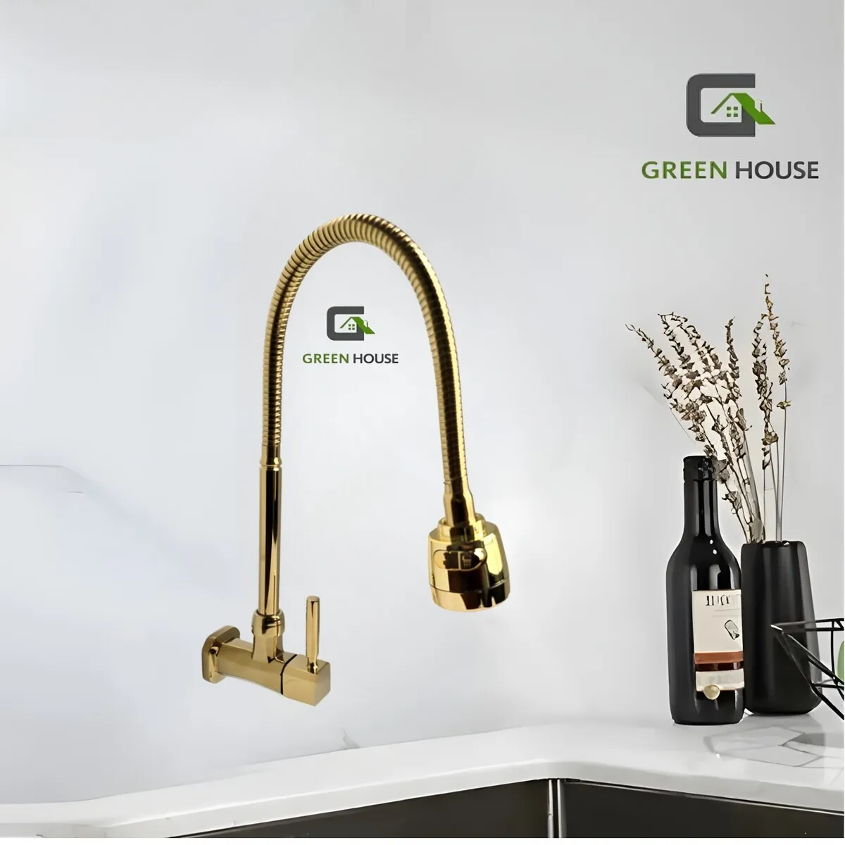 GREEN HOUSE - GRIFERIA DE COCINA  PARED AGUA FRIA FLEXIBLE DORADO