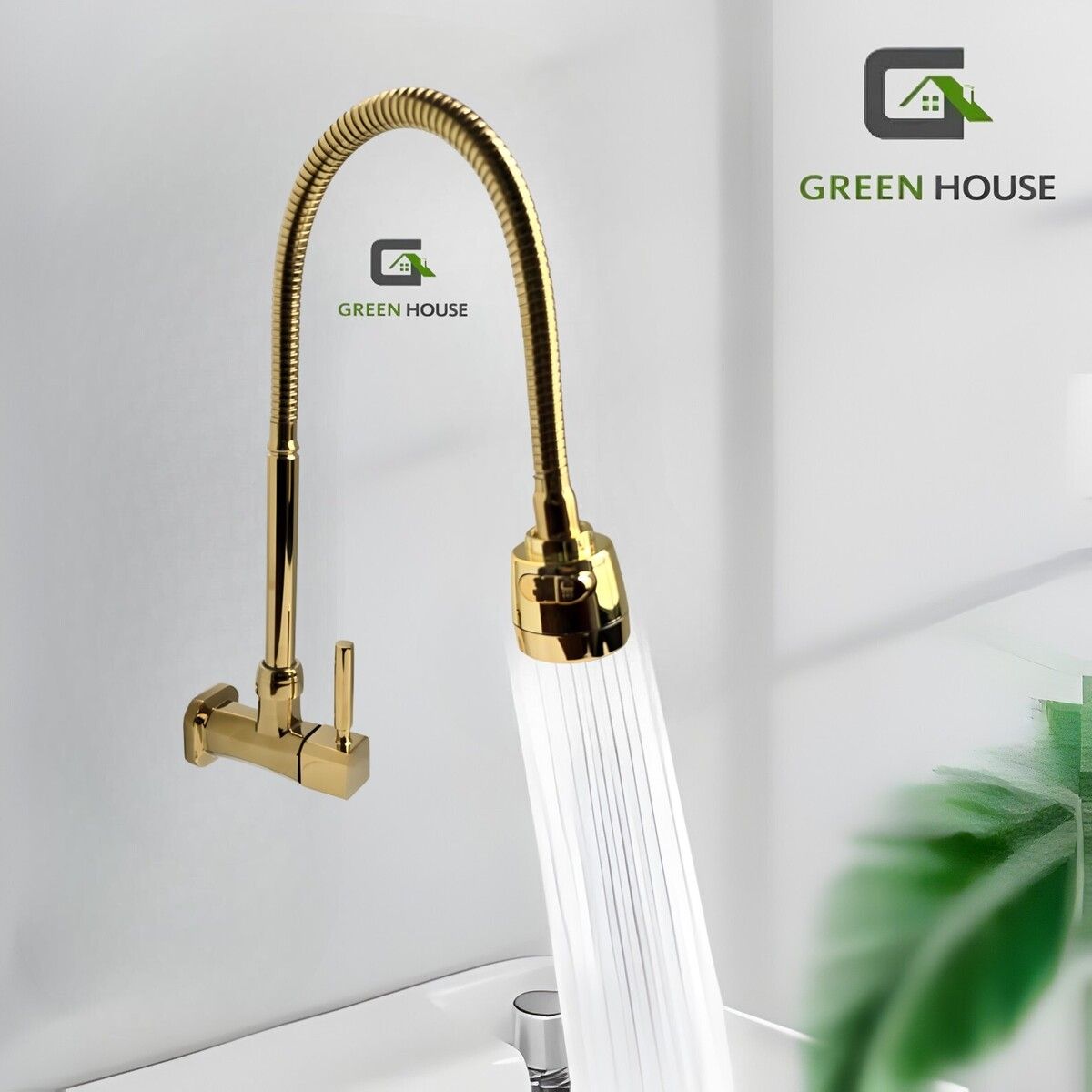 GREEN HOUSE - GRIFERIA DE COCINA  PARED AGUA FRIA FLEXIBLE DORADO