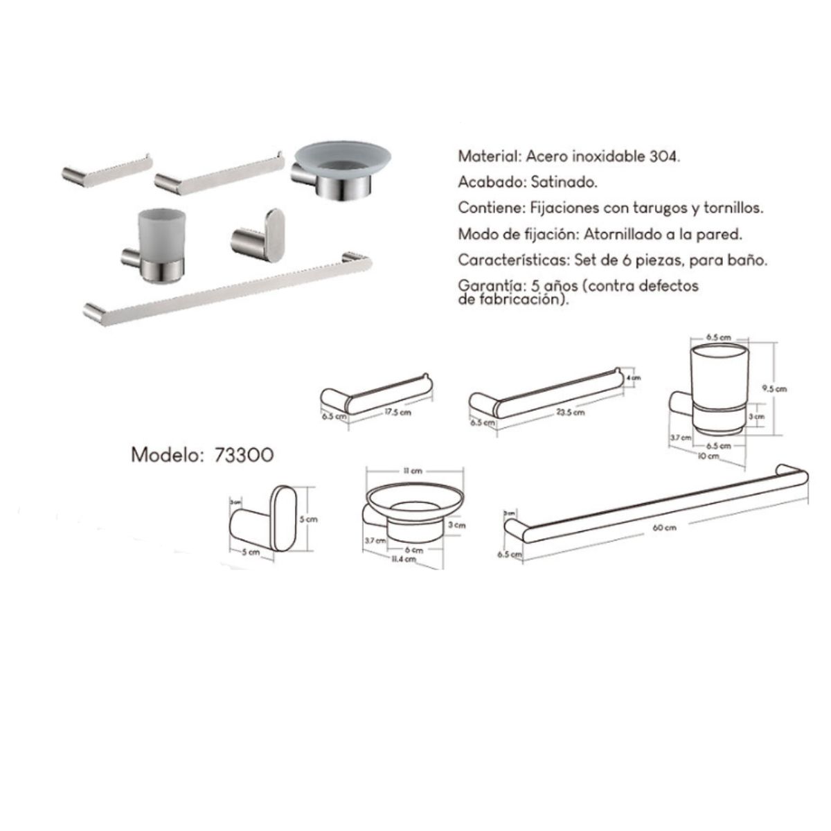 XM - Kit de Baño 6 piezas de Acero Inoxidable 73300S