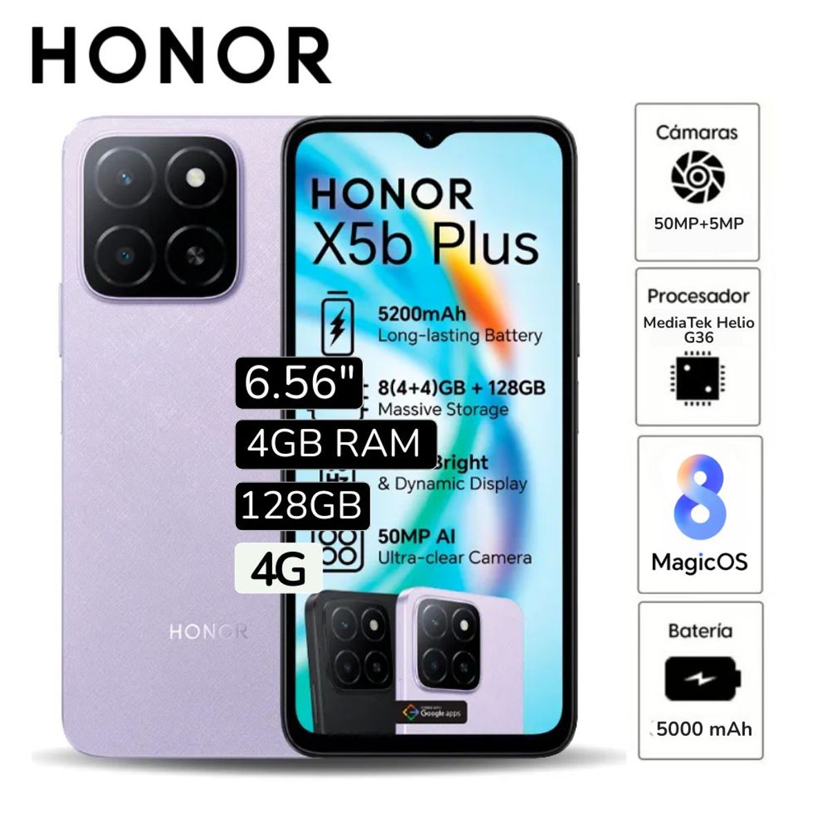 HONOR - Celular Honor X5B 6.5"  Pulg.  4GB RAM 128GB 50MP - Violeta