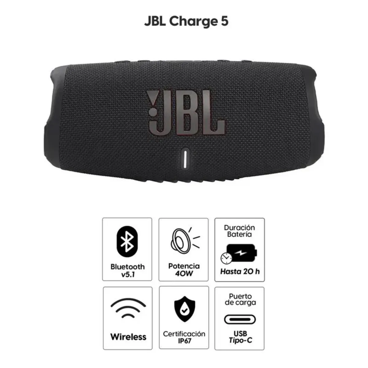 JBL - Parlante JBL Bluetooth Charge 5 40W IP67 hasta 20H Usb-c Negro