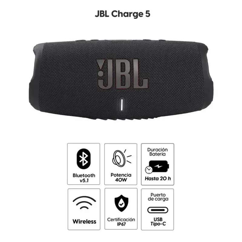 JBL - Parlante JBL Bluetooth Charge 5 40W IP67 hasta 20H Usb-c Negro