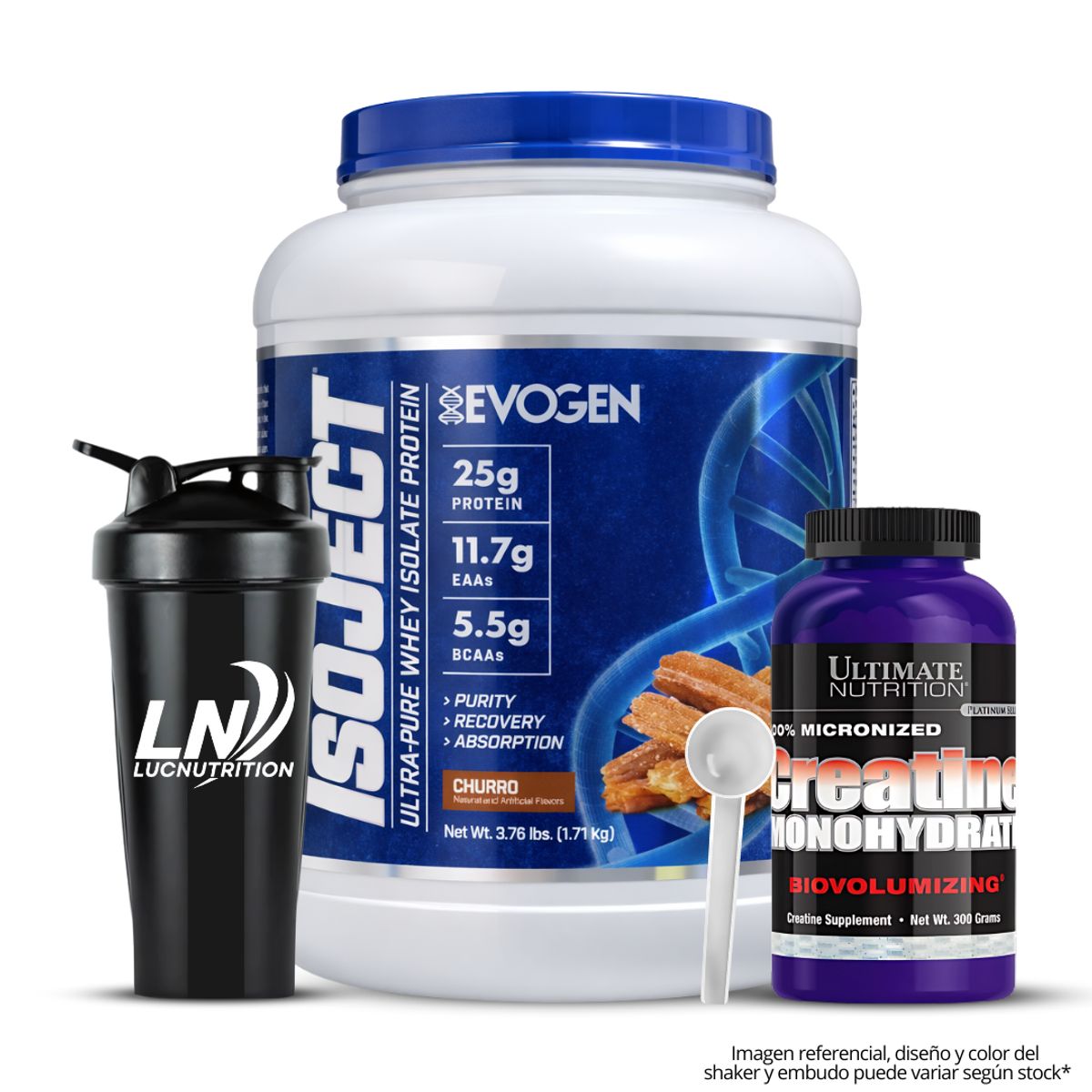 EVOGEN - ISOJECT 3.76 LB Proteina Isolate Evogen - Churro + Creatina Ultimate Nutrition 300 g + Shaker