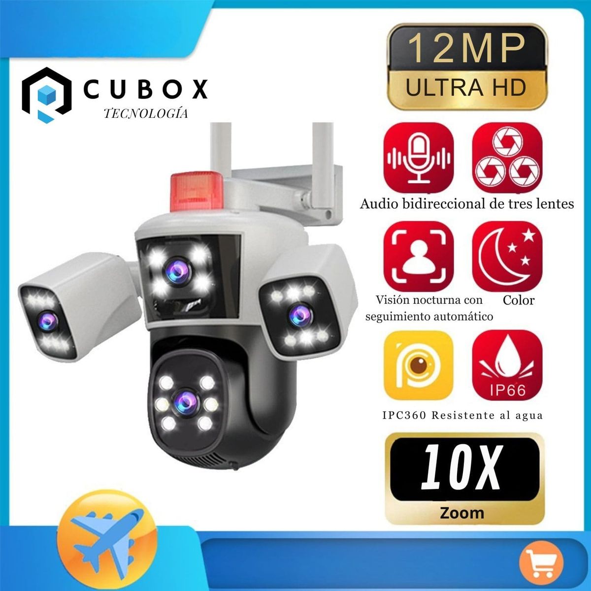 OEM - Cámara IP PTZ Triple Lente 360°  Alarma Sirena y Cobertura Total Exterior