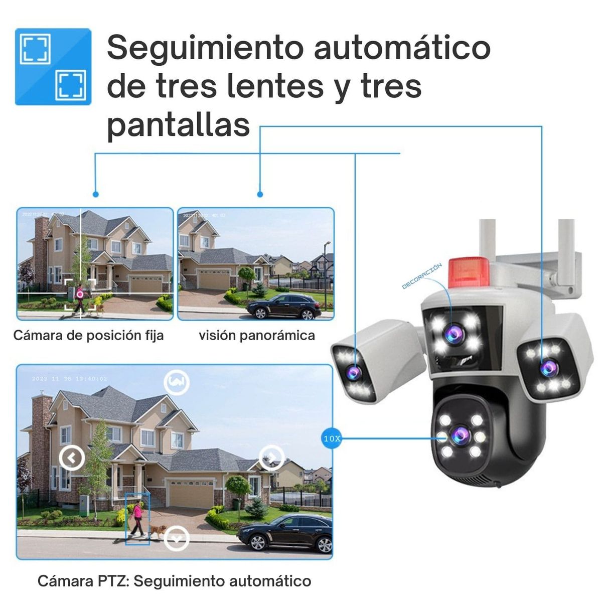 OEM - Cámara IP PTZ Triple Lente 360°  Alarma Sirena y Cobertura Total Exterior