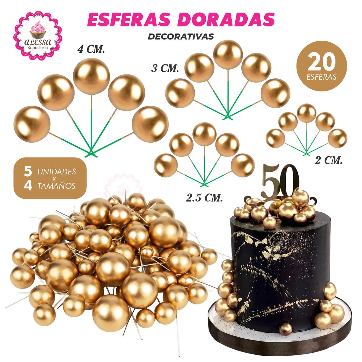 GENERICO - Esferas Decorativas Dorado para Repostería - 20 unidades