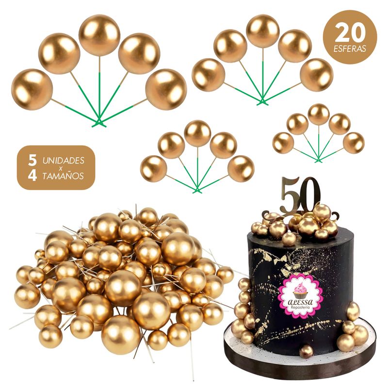 GENERICO - Esferas Decorativas Dorado para Repostería - 20 unidades