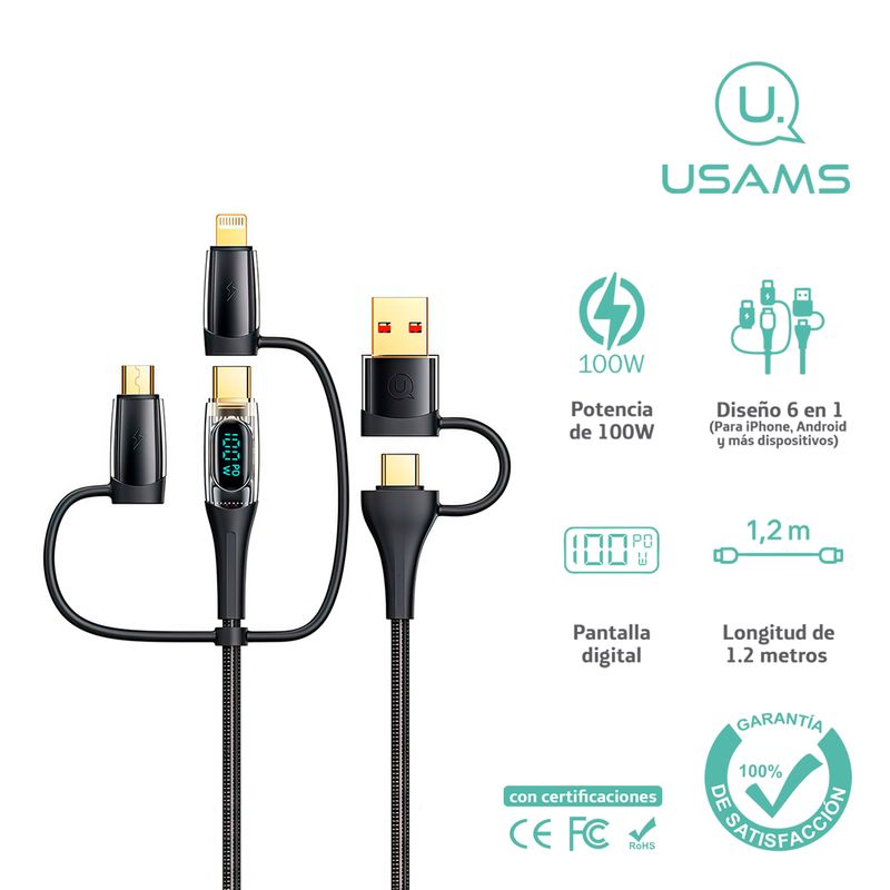 USAMS - Cable celular carga rápida 6en1 A+C a C+L+M 100W 120cm Negro