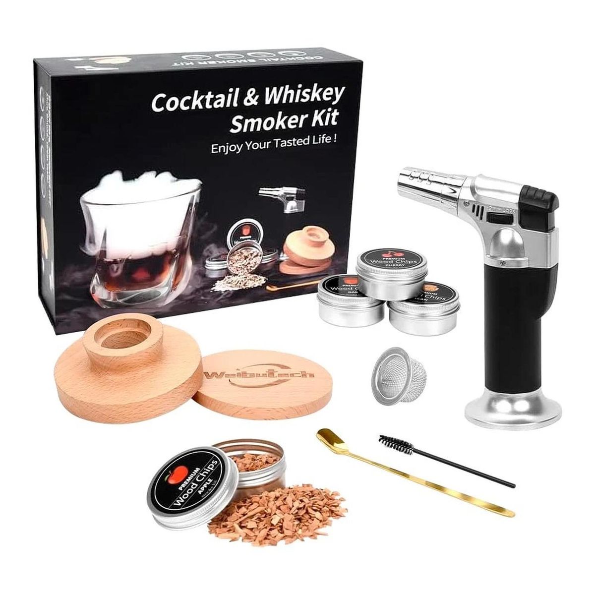 Kit Ahumador de Whisky con Soplete 4 Sabores de Virutas de Madera, marca GENERICO - Foto Principal