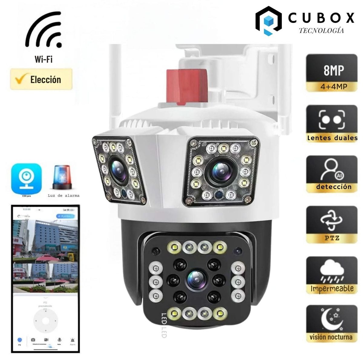 OEM - Cámara Seguridad Exterior 360° PTZ WiFi Triple Lente con Alarma y Sirena