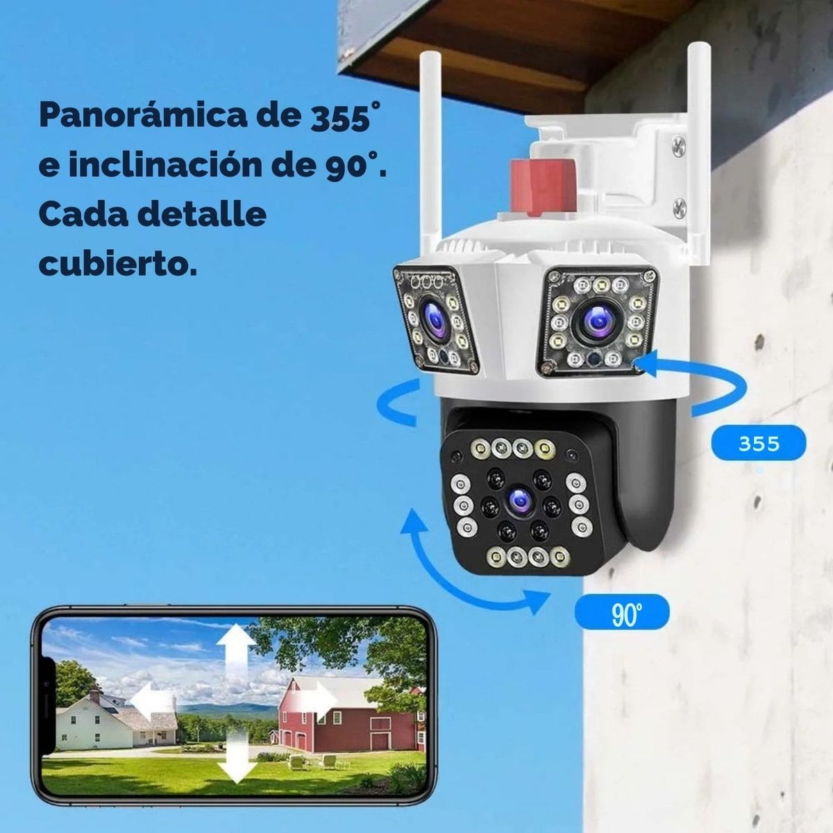OEM - Cámara Seguridad Exterior 360° PTZ WiFi Triple Lente con Alarma y Sirena