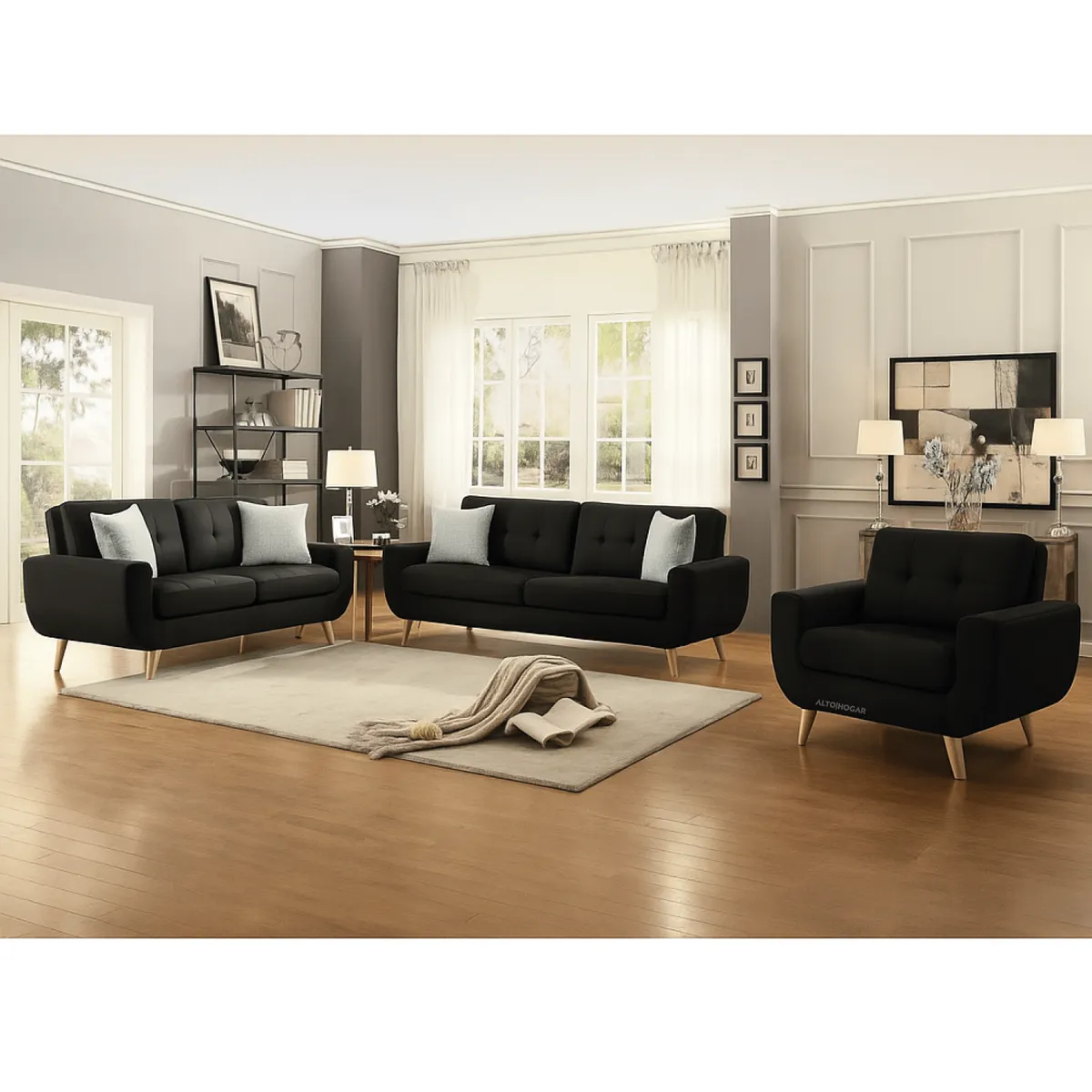 ALTO HOGAR - Juego De Sala Karime 3-2-1 Negro Tapiz Antifluido + Cojines Antifluido