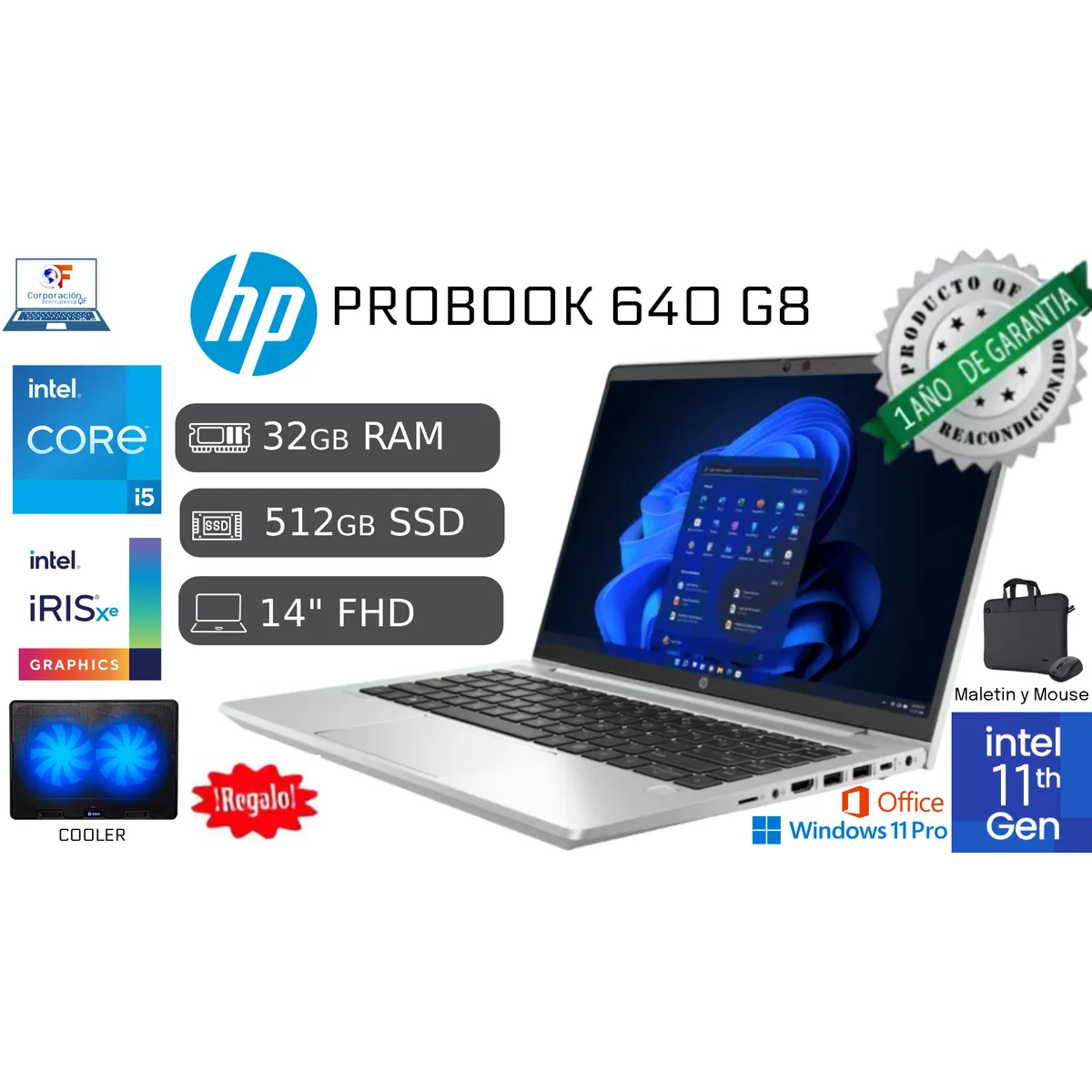 HP - Laptop HP ProBook 640 G8 i5 11va 32GB RAM 512GB SSD Reacondicionada FHD + COOLER + MALETIN + MOUSE