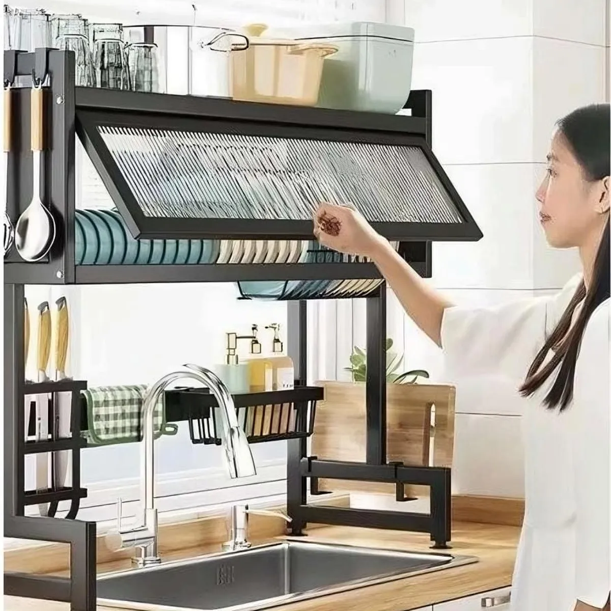 GENERICO - ORGANIZADOR ESCURRIDOR DE PLATOS DE 2 NIVELES CON TAPA 85 CM