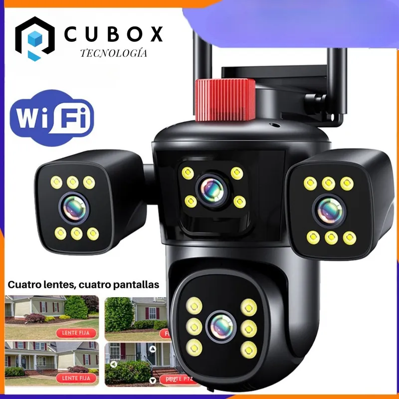 OEM - Cámara IP WiFi Triple Lente  PTZ 360° Visión Completa Alarma y Sirena