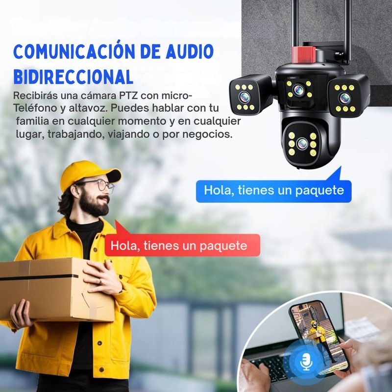 OEM - Cámara IP WiFi Triple Lente PTZ 360° Visión Completa Alarma y Sirena
