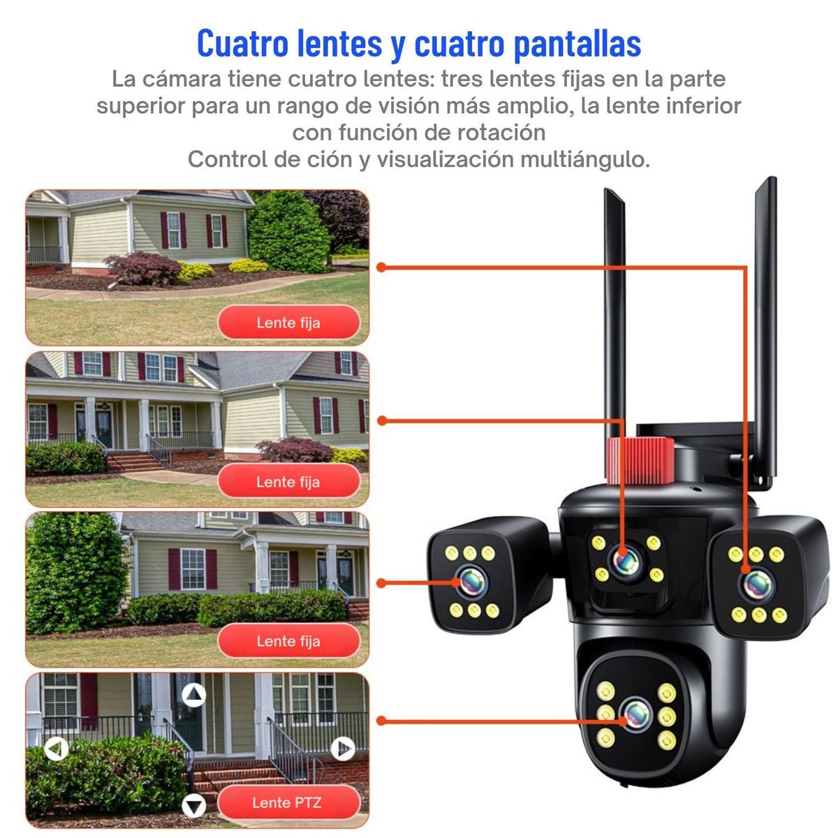 OEM - Cámara IP WiFi Triple Lente PTZ 360° Visión Completa Alarma y Sirena