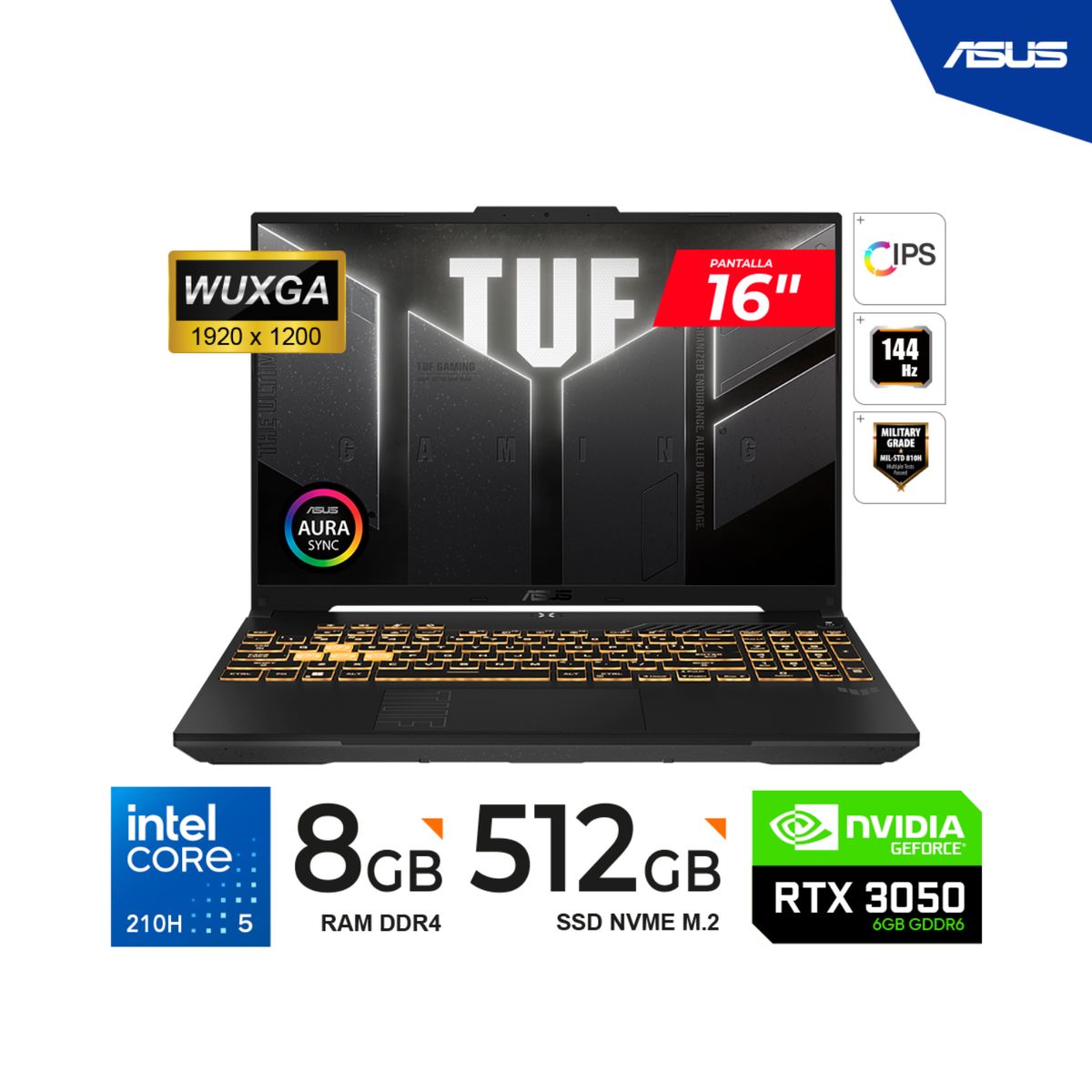 ASUS - LAPTOP ASUS FX607VJ-RL016 F16 16" WUXGA Core Ultra 5 - 210H 8GB DDR4,512GB SSD RTX 3050 6GB Freedos