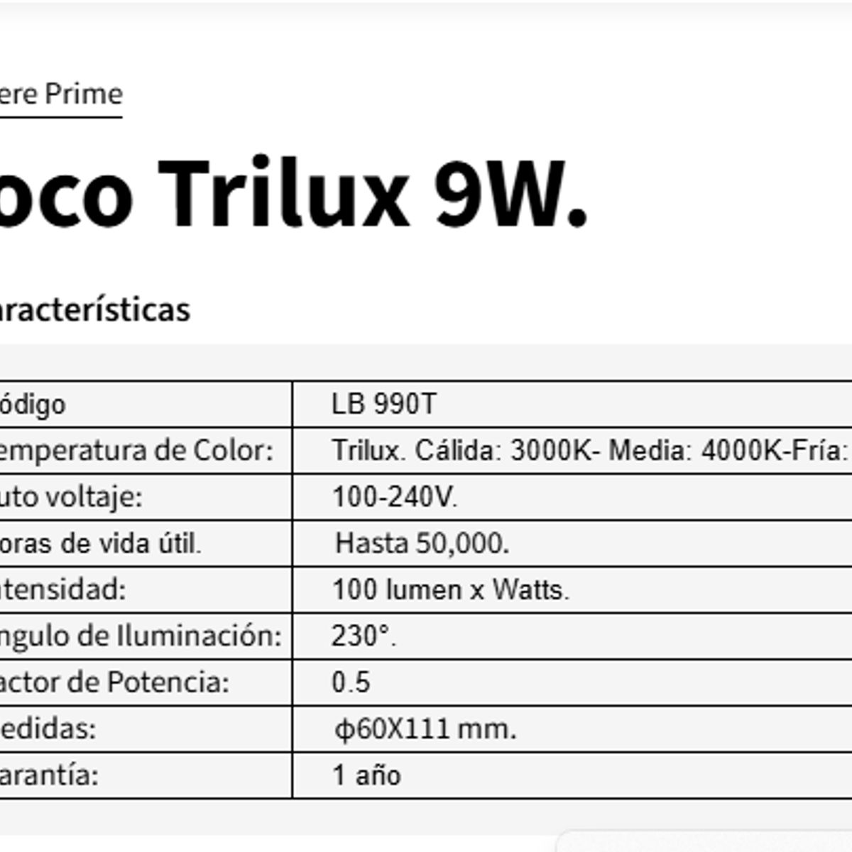 GENERICO - Foco TRILUX Led LAMP BULB LB 990T 9W LUMIERE