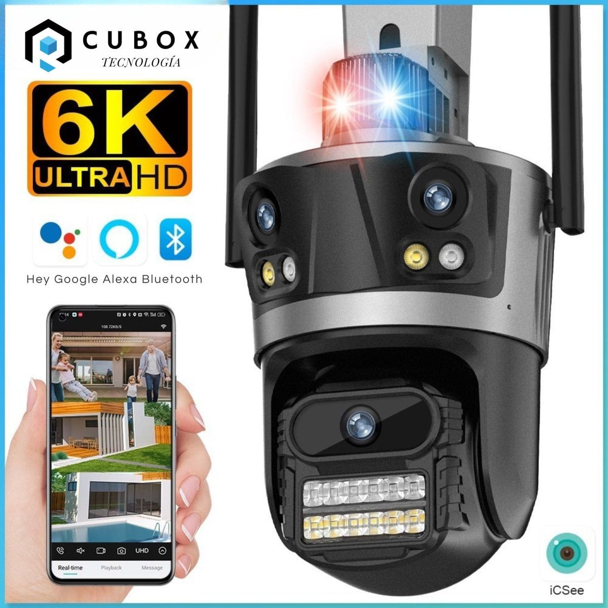 OEM - Cámara PTZ WiFi Triple Lente  Giro 360° Alarma Sonora y Protección Exterior