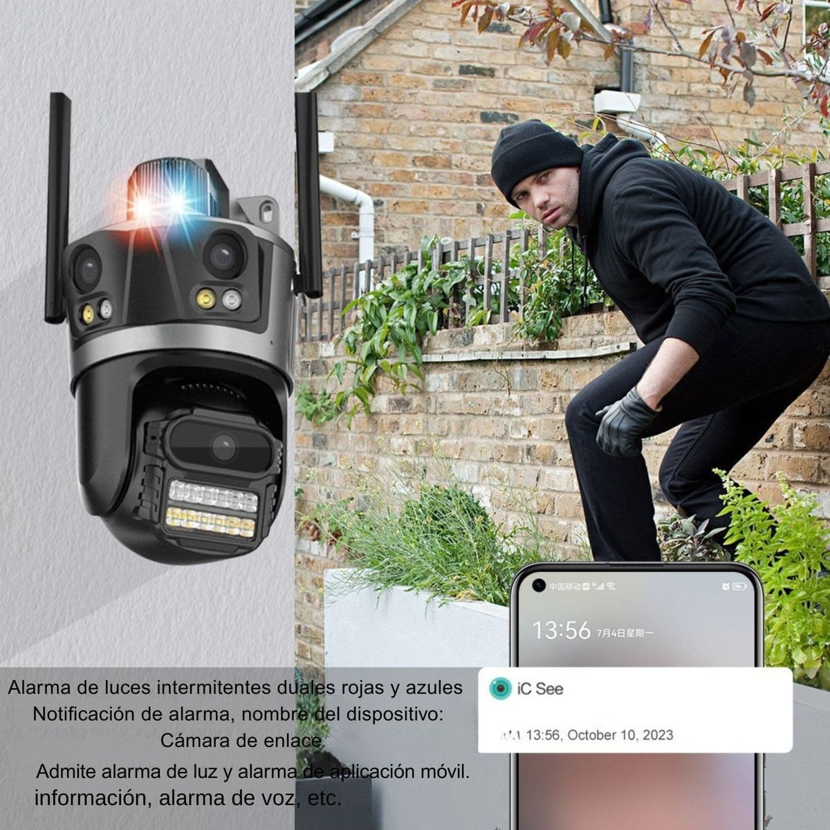OEM - Cámara PTZ WiFi Triple Lente  Giro 360° Alarma Sonora y Protección Exterior