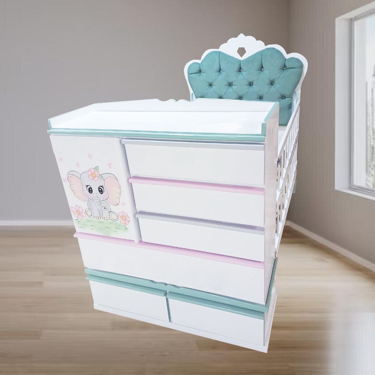 GENERICO - cama cuna de plaza y media con comoda desmontable verde jade