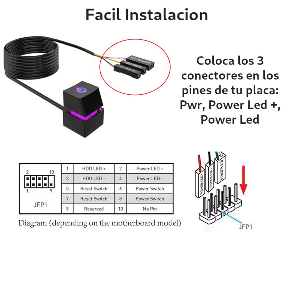 GENERICO - Boton Power Extensor Encendido Mecanico RGB PC Gamer 2m