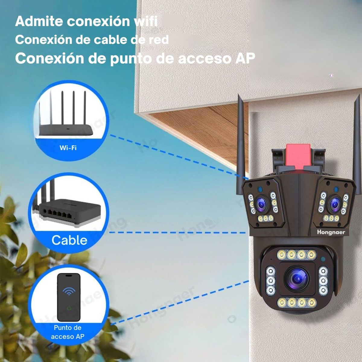 OEM - Cámara de Seguridad Exterior 360° WiFi PTZ Triple Lente Alarma y Sonido de Alerta