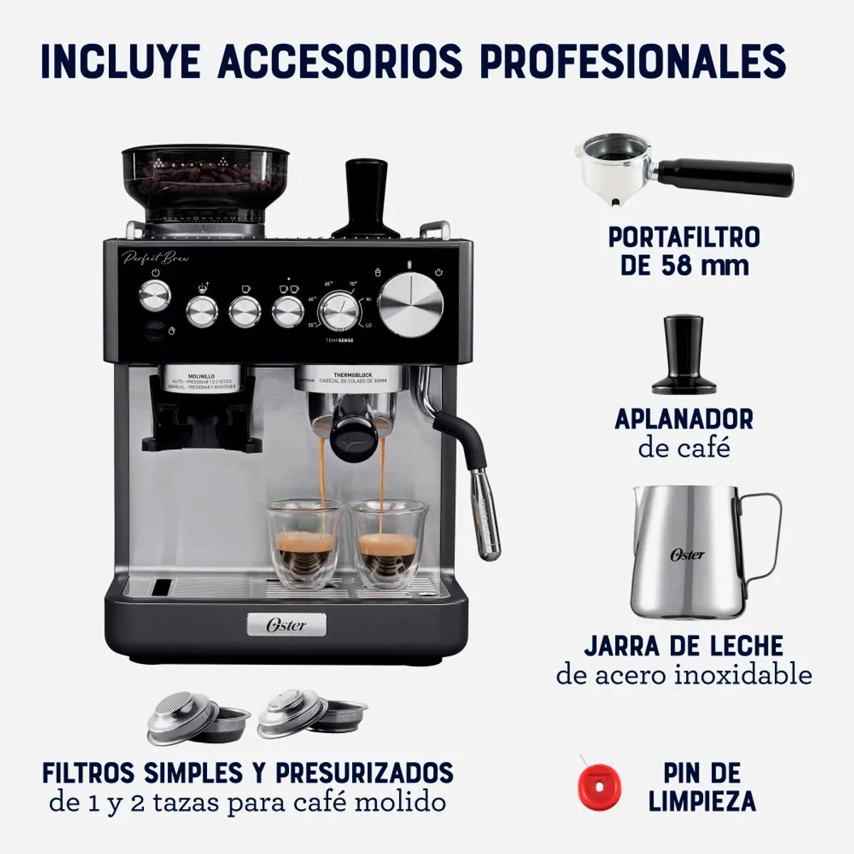 OSTER - Cafetera Perfect Brew Oster para Espresso con Molinillo  BVSTEM7301
