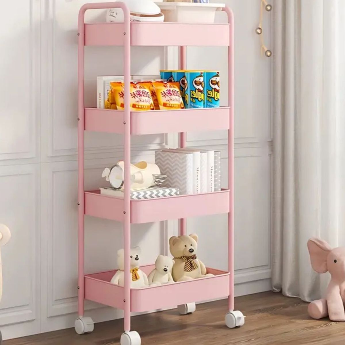 GENERICO - CARRITO ORGANIZADOR MULTIUSO 4 NIVELES METAL ROSADO