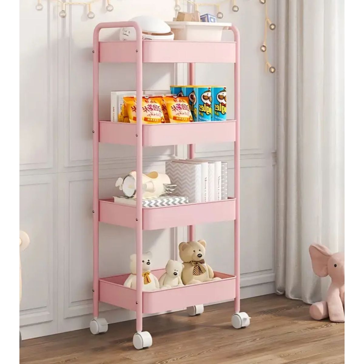 GENERICO - CARRITO ORGANIZADOR MULTIUSO 4 NIVELES METAL ROSADO