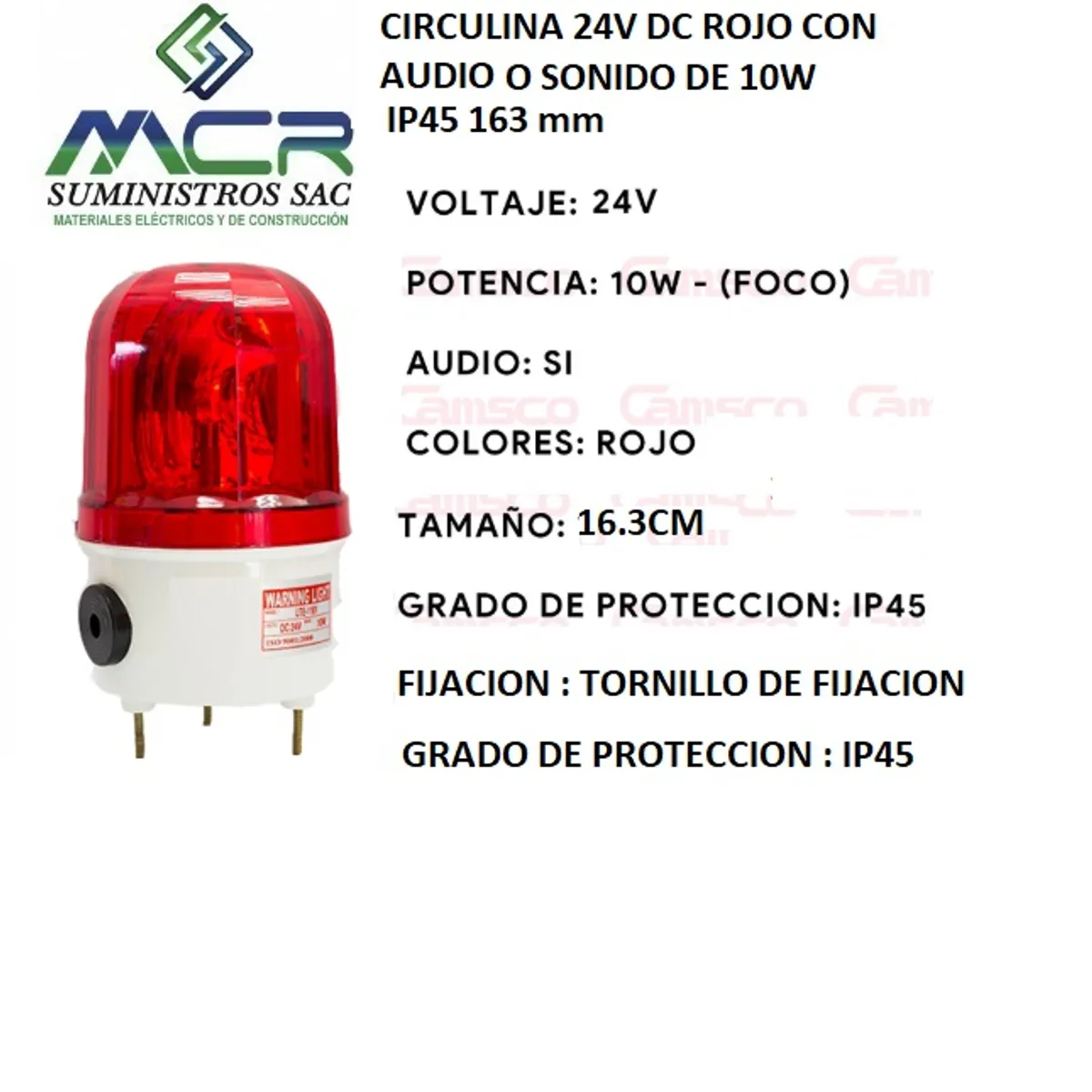 GENERICO - CIRCULINA 24V DC ROJO CON AUDIO O SONIDO 10W IP45 ALTO 16.3 cm