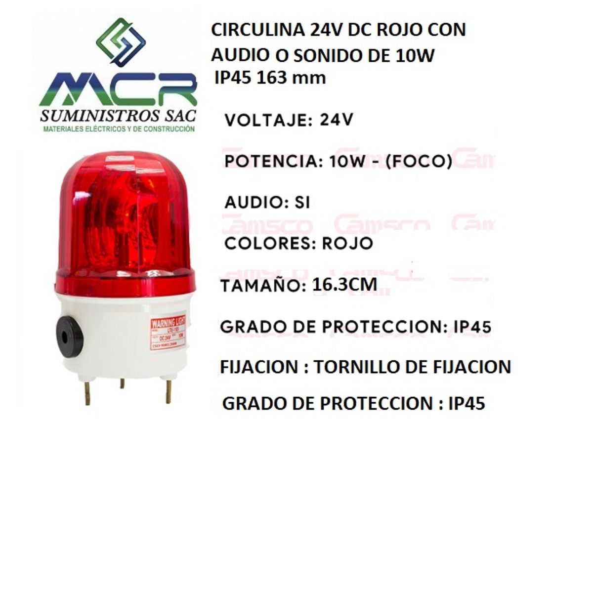 GENERICO - CIRCULINA 24V DC ROJO CON AUDIO O SONIDO 10W IP45 ALTO 16.3 cm