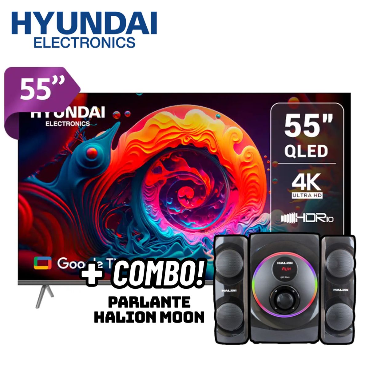 HYUNDAI - TELEVISOR HYUNDAI 55 QLED SMART TV GOOGLE TV 4K UHD - HYLED5529QG + PARLANTES HALION MOON 2.1