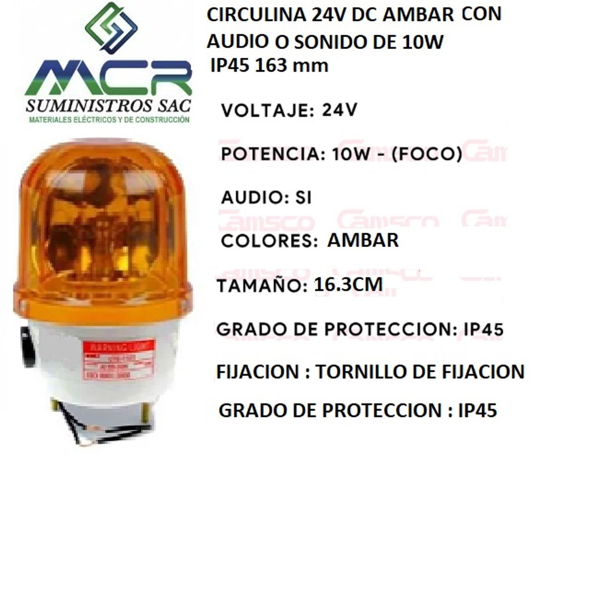GENERICO - CIRCULINA 24V DC AMBAR CON AUDIO O SONIDO 10W IP45 ALTO 16.3 cm